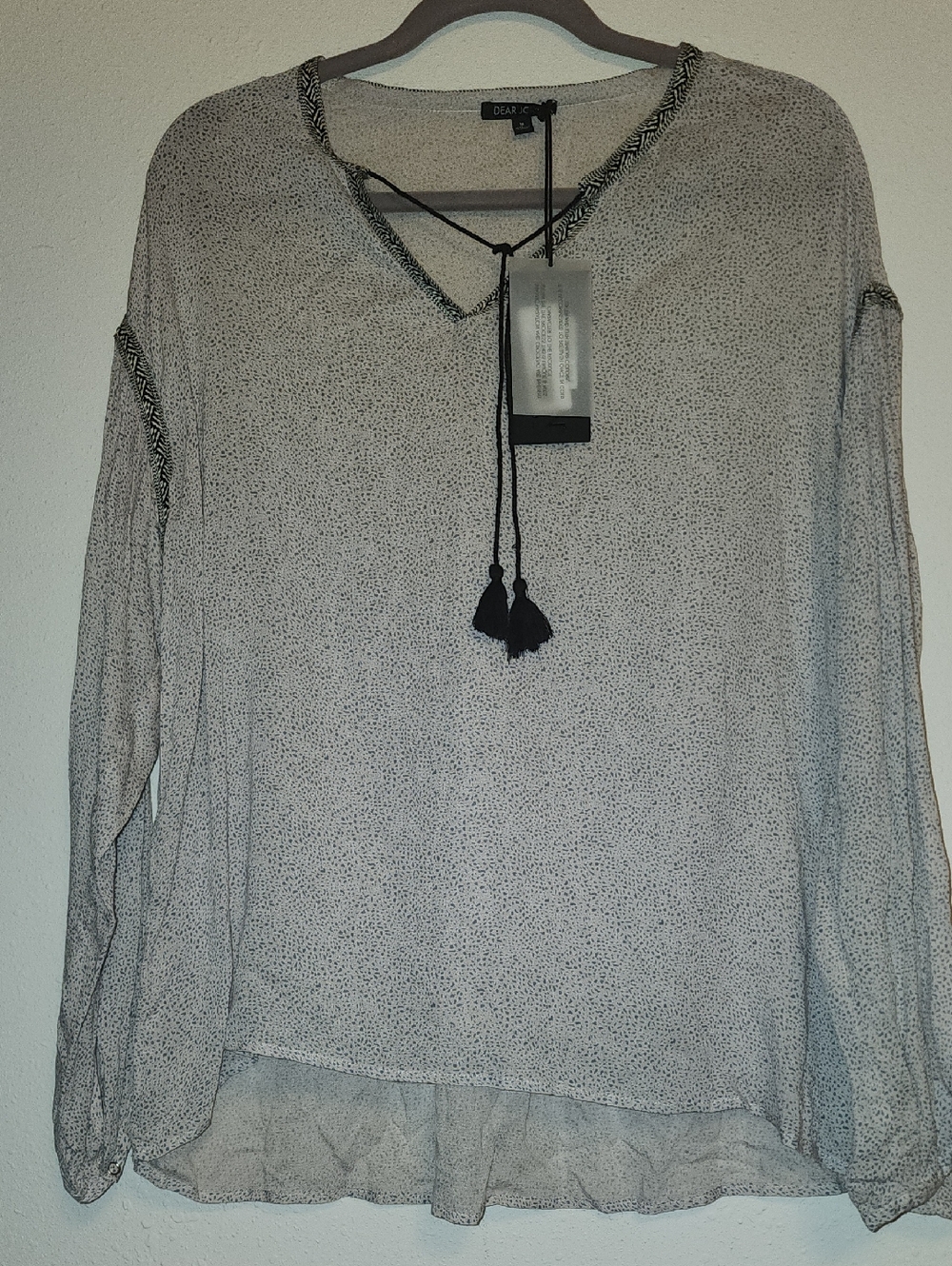 Dear John White & Black Speckled Peasant Blouse with Black Tassels